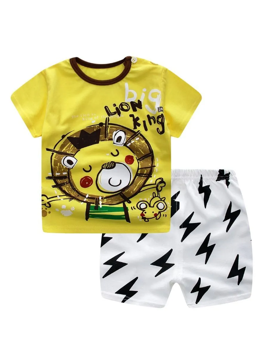 2-Piece Outfit Cartoon Lion Home Wear T-shirt Matching Shorts Summer
