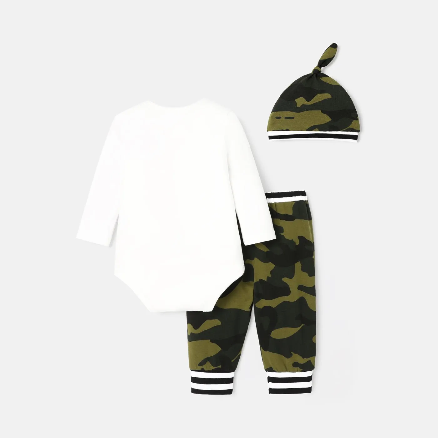 3pcs Baby Boy Cotton Long-sleeve Dinosaur & Letter Print Romper and Camouflage Pants with Hat Set