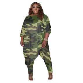 5XL 2 Piece Camouflage Print O Neck 3/4 Sleeve Asymmetric Long Length Top w/ Pants Plus Sie Women