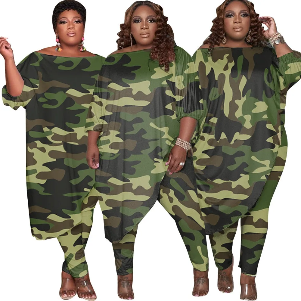5XL 2 Piece Camouflage Print O Neck 3/4 Sleeve Asymmetric Long Length Top w/ Pants Plus Sie Women