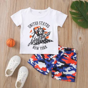 9months-4years Toddler Boy Sets Independence Day Children's Suits Small Boys Letter Print Top Camouflage Shorts Suit