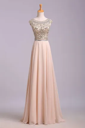 A Line Floor Length Scoop Chiffon Prom Dress, Beading Long Evening Dresses M1508