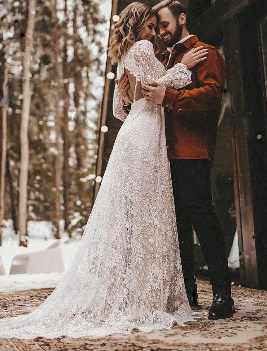 A-Line Wedding Dresses Ankle Length Vintage Little White Dresses Long Sleeve V Neck Chiffon With Solid Color Bridal Gowns
