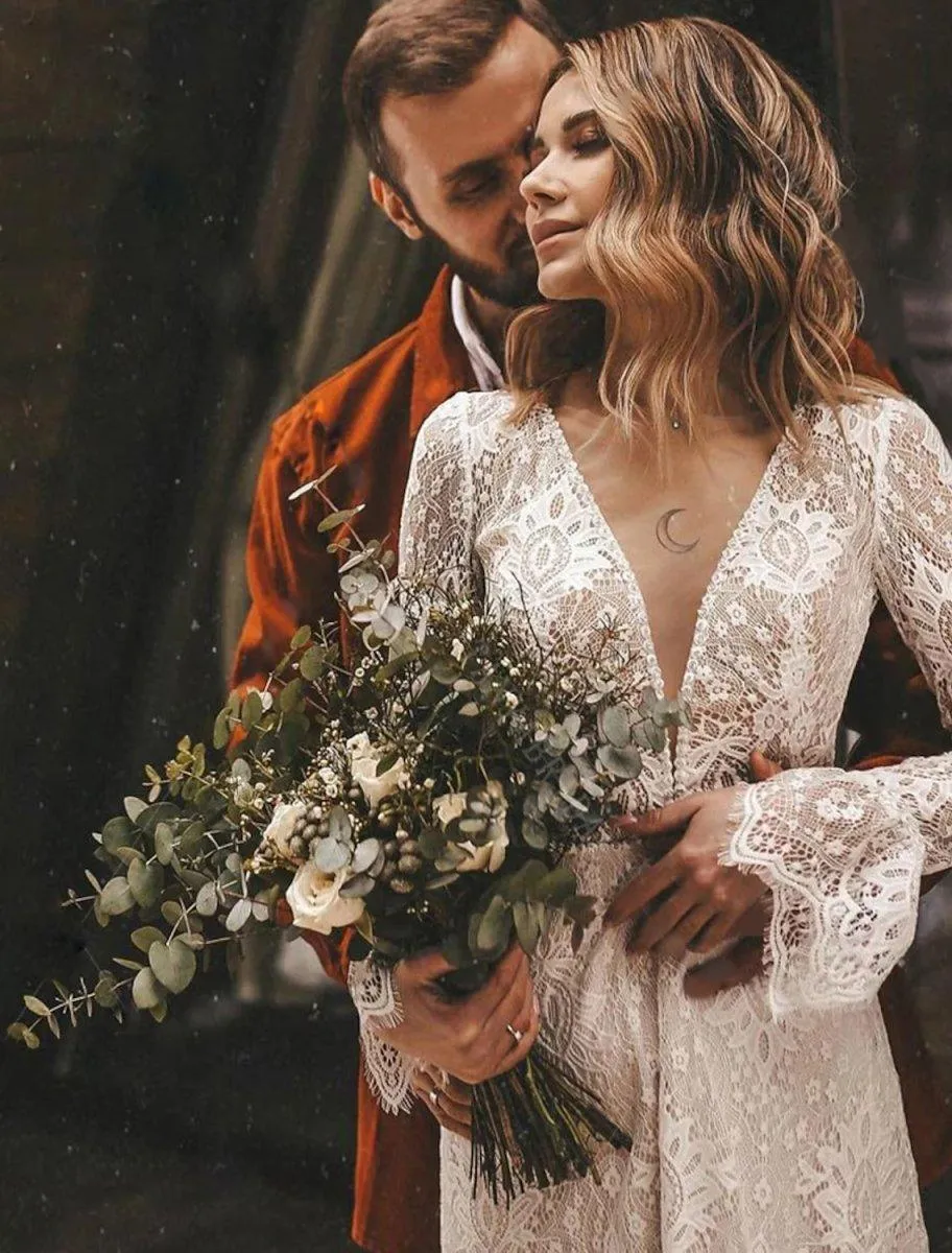 A-Line Wedding Dresses Ankle Length Vintage Little White Dresses Long Sleeve V Neck Chiffon With Solid Color Bridal Gowns