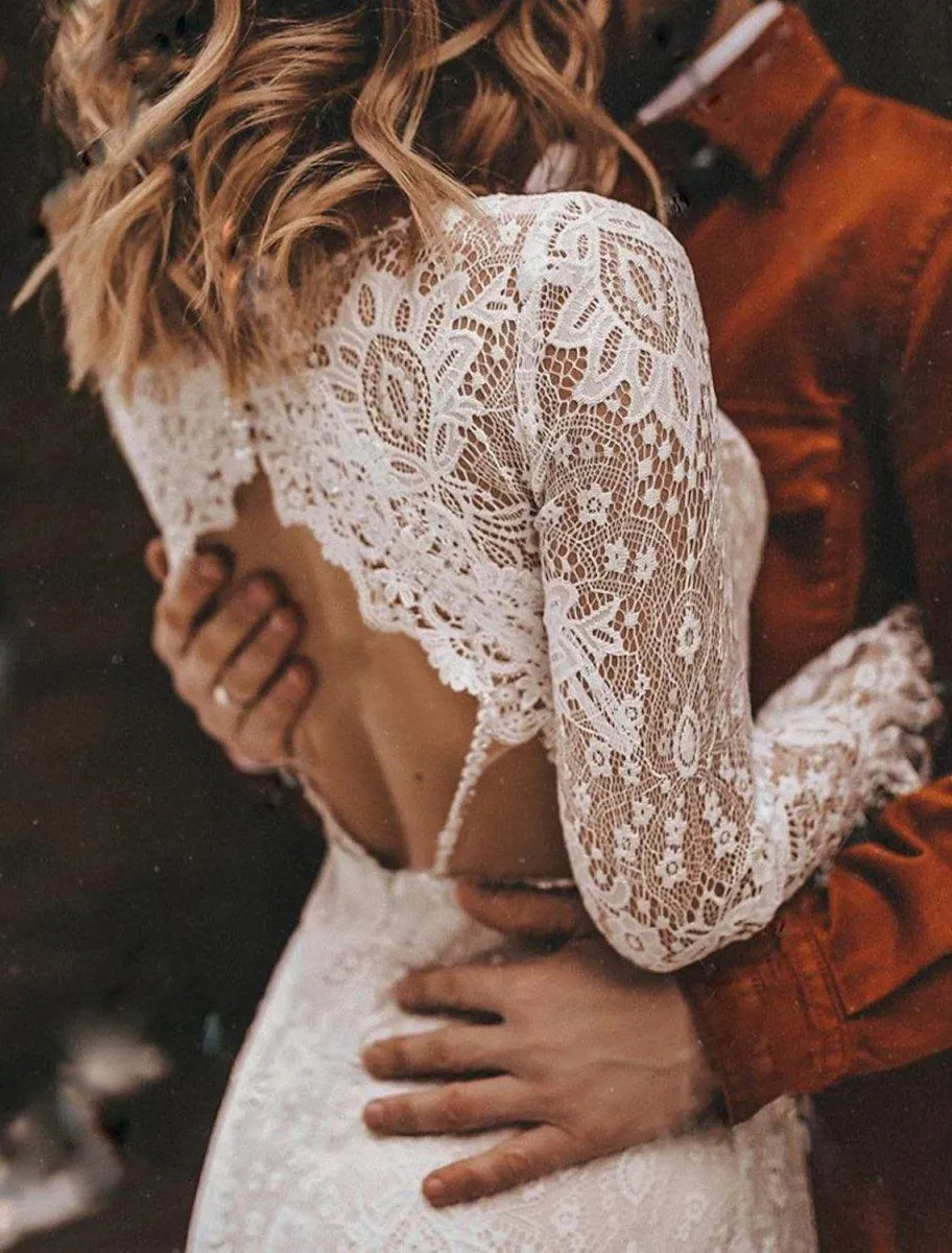 A-Line Wedding Dresses Ankle Length Vintage Little White Dresses Long Sleeve V Neck Chiffon With Solid Color Bridal Gowns