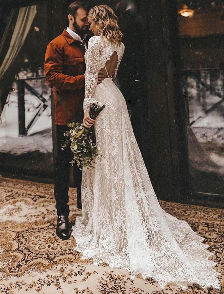 A-Line Wedding Dresses Ankle Length Vintage Little White Dresses Long Sleeve V Neck Chiffon With Solid Color Bridal Gowns