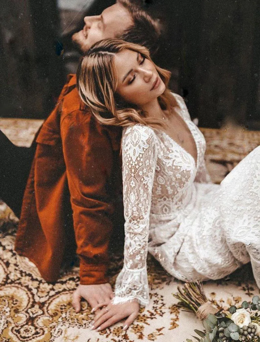 A-Line Wedding Dresses Ankle Length Vintage Little White Dresses Long Sleeve V Neck Chiffon With Solid Color Bridal Gowns
