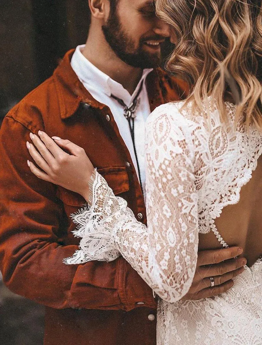A-Line Wedding Dresses Ankle Length Vintage Little White Dresses Long Sleeve V Neck Chiffon With Solid Color Bridal Gowns
