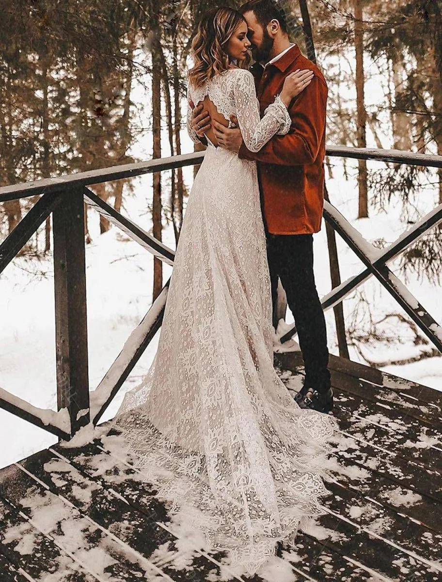 A-Line Wedding Dresses Ankle Length Vintage Little White Dresses Long Sleeve V Neck Chiffon With Solid Color Bridal Gowns