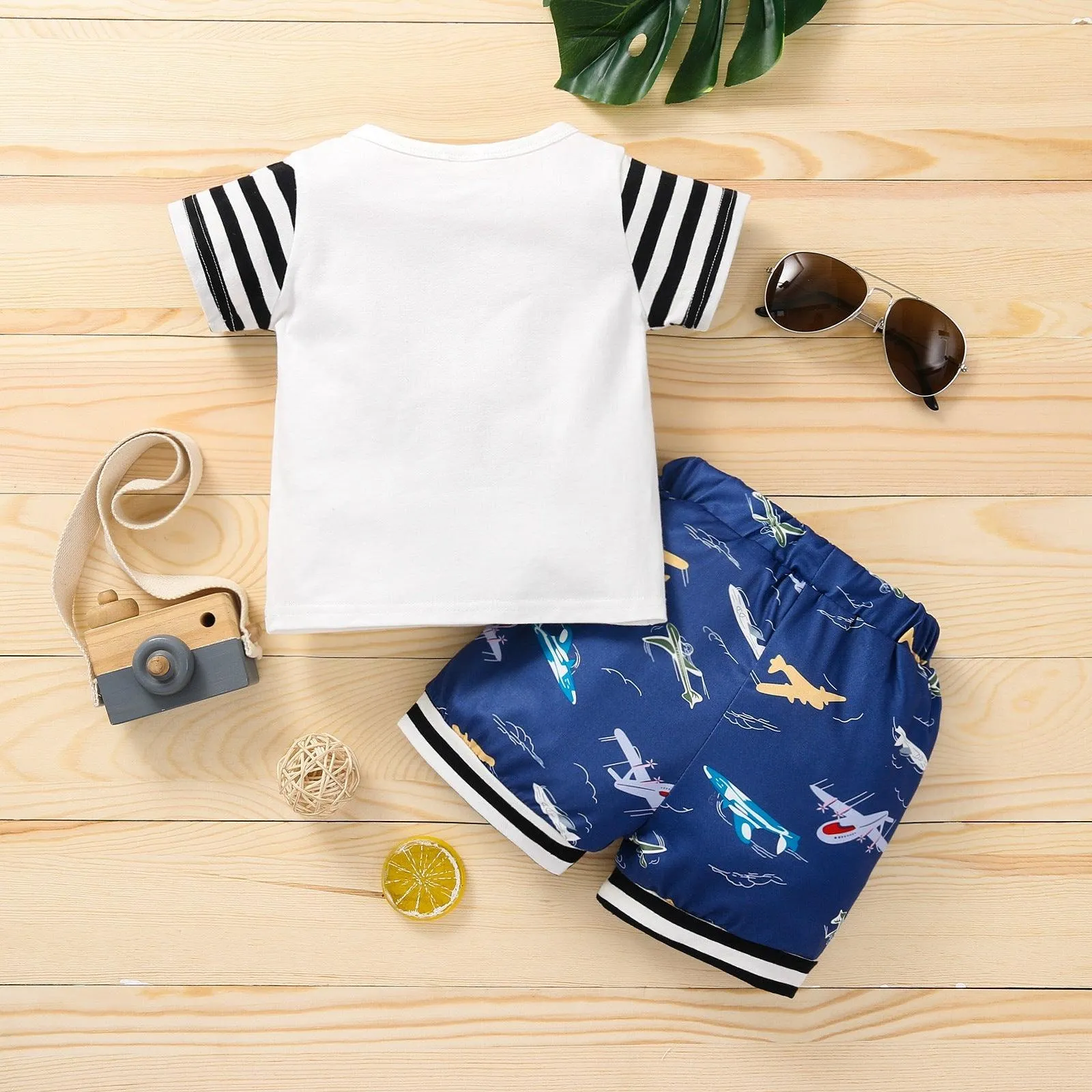 Baby Boy Lettering & Glasses T-Shirt And Camouflage Shorts Two Piece Baby Sets