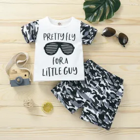 Baby Boy Lettering & Glasses T-Shirt And Camouflage Shorts Two Piece Baby Sets