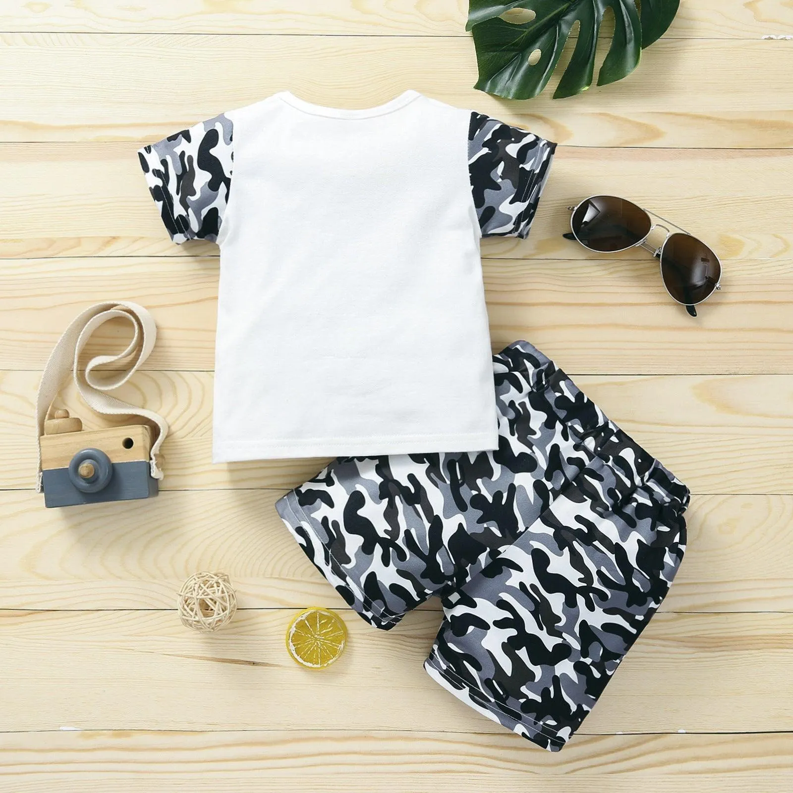 Baby Boy Lettering & Glasses T-Shirt And Camouflage Shorts Two Piece Baby Sets