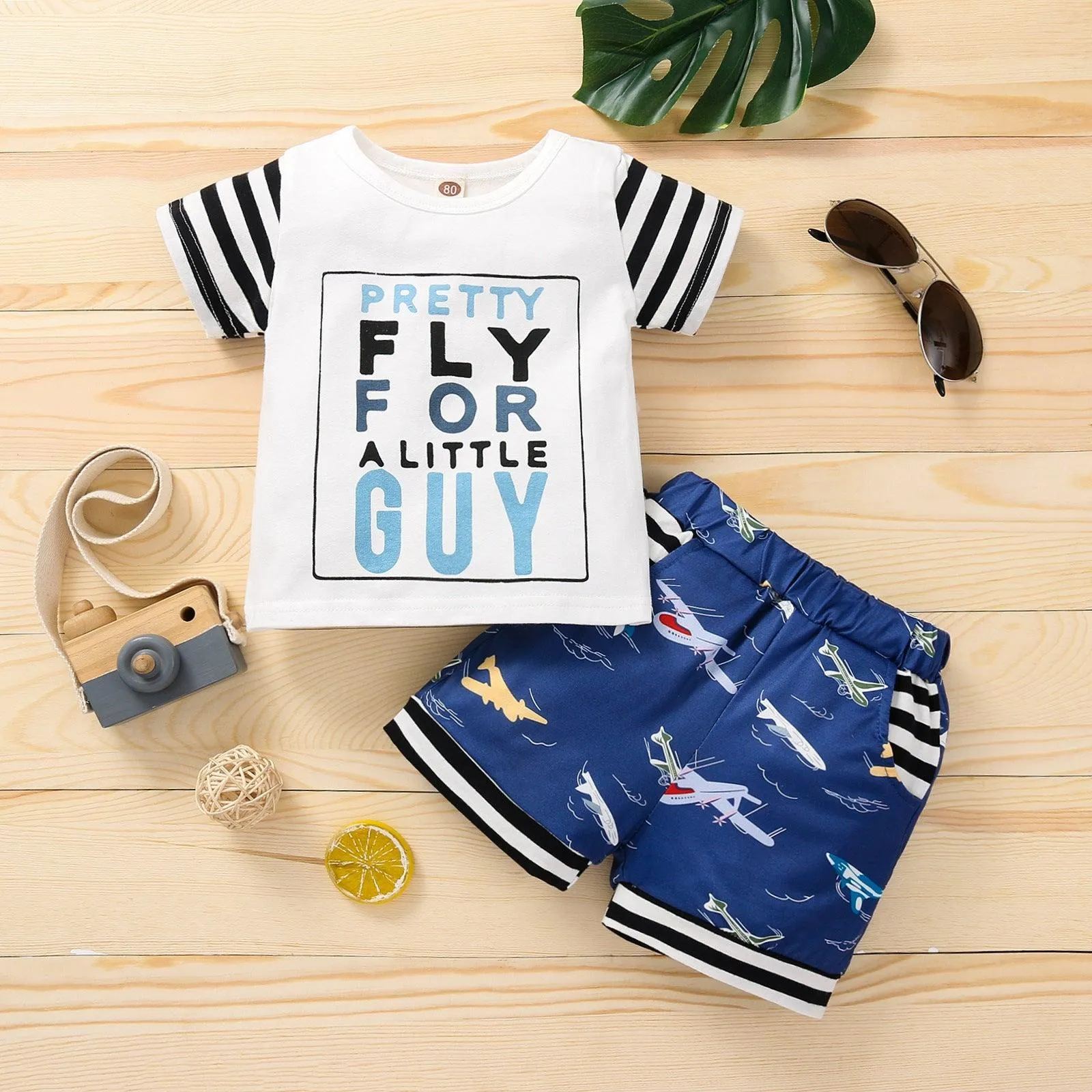 Baby Boy Lettering & Glasses T-Shirt And Camouflage Shorts Two Piece Baby Sets