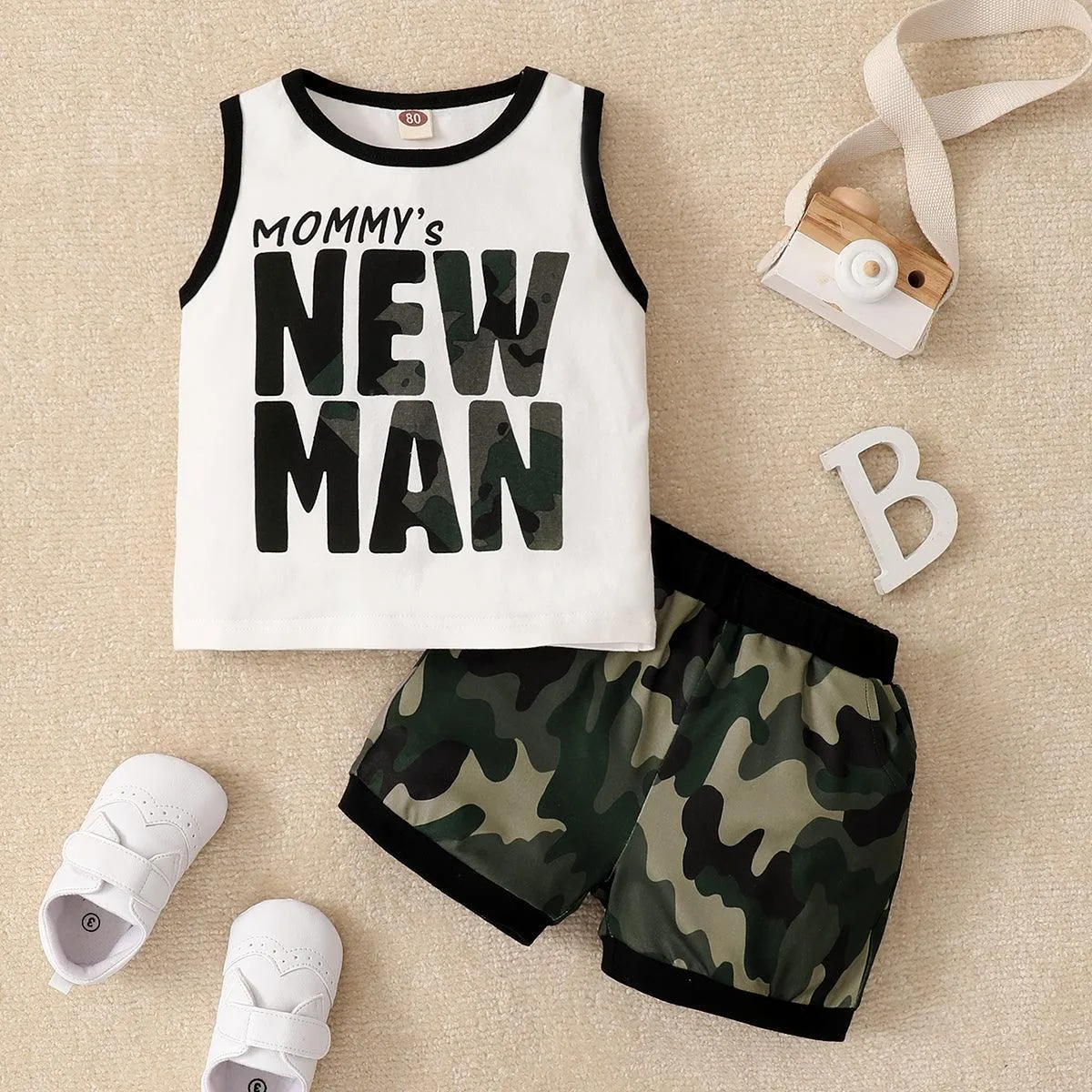 Baby Boy NEW MAN Print Tank Top And Camouflage Shorts Baby Boy Clothing Sets