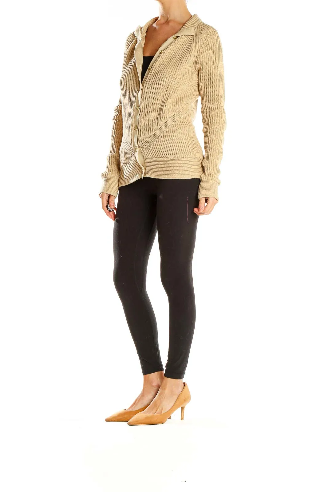 Beige Ribbed Button-Up Cardigan