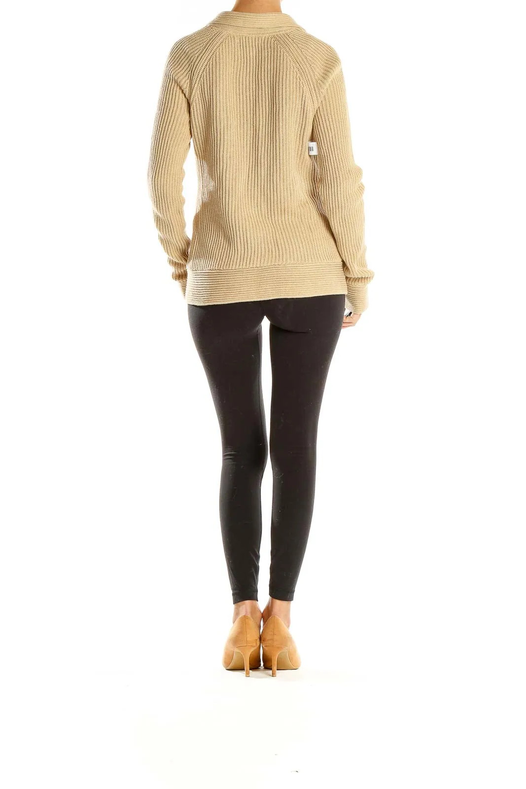 Beige Ribbed Button-Up Cardigan