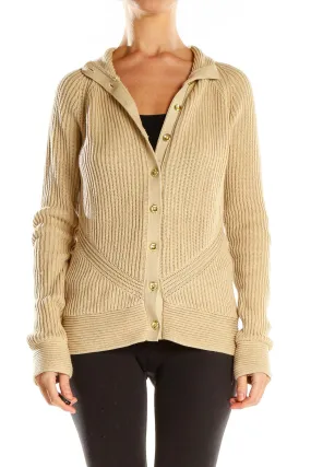Beige Ribbed Button-Up Cardigan