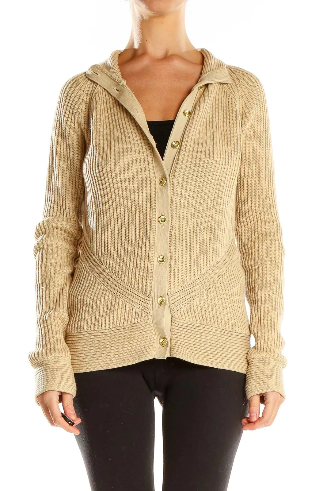 Beige Ribbed Button-Up Cardigan