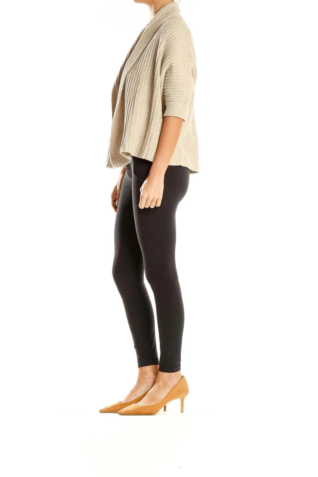 Beige Ribbed Open-Front Cardigan