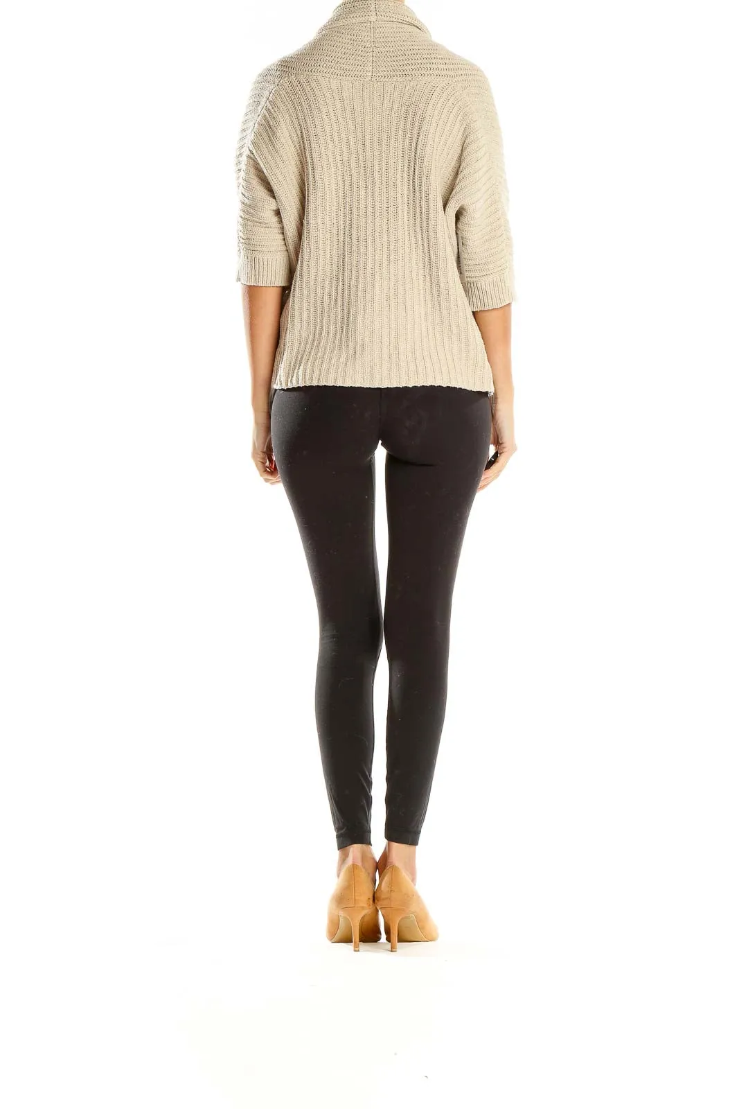 Beige Ribbed Open-Front Cardigan