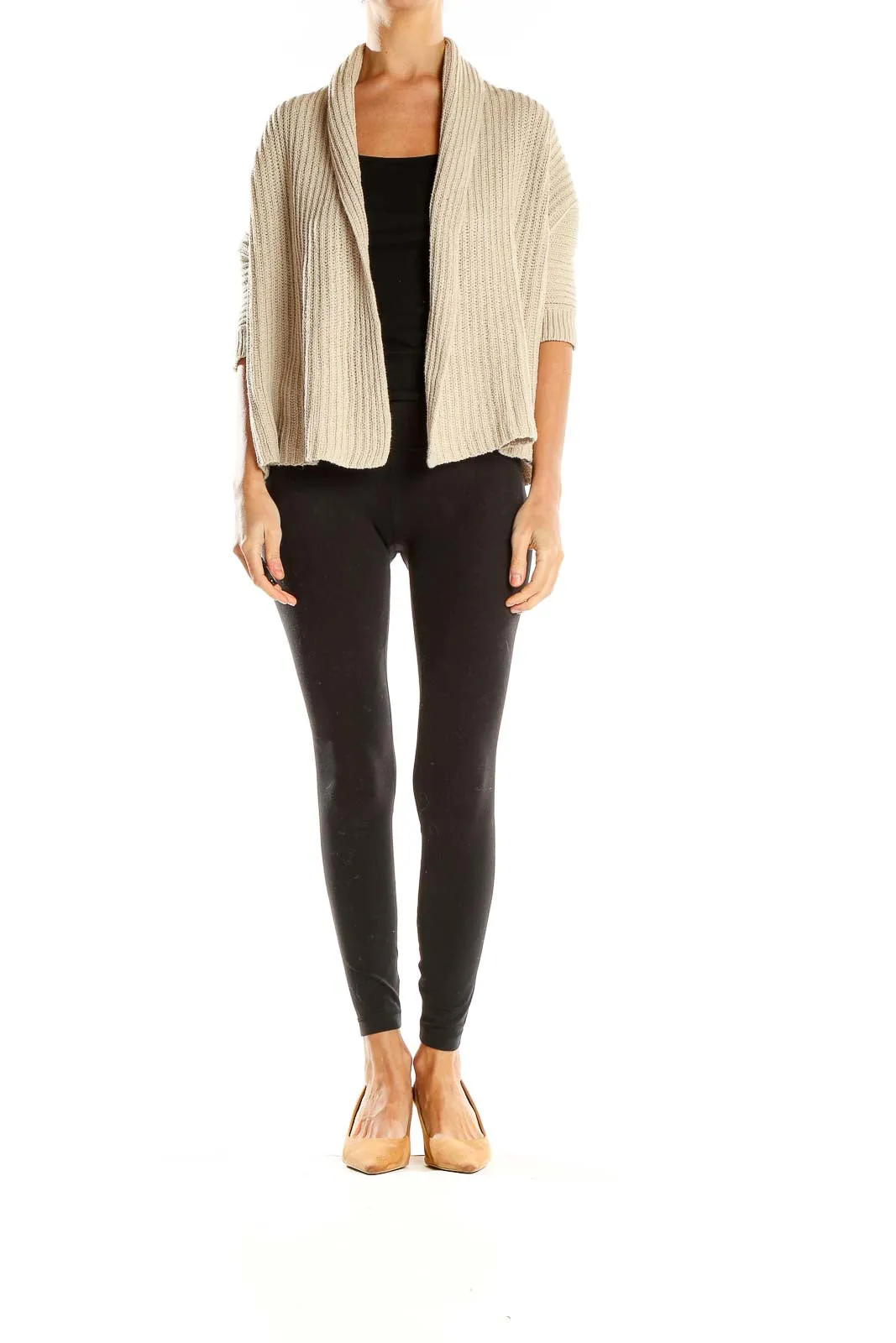 Beige Ribbed Open-Front Cardigan