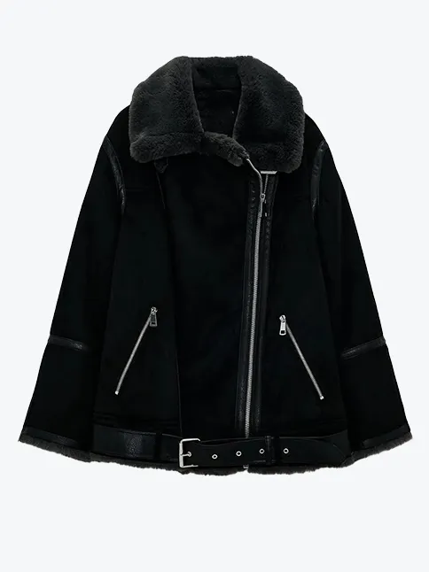 Belted Suede Fur Moto Jacket