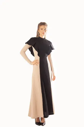 Bi Color Ribbed Knit Dress w/ Ruffle