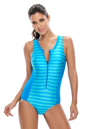 Blue Striped Sleeveless Rashguard One Piece Swimsuit