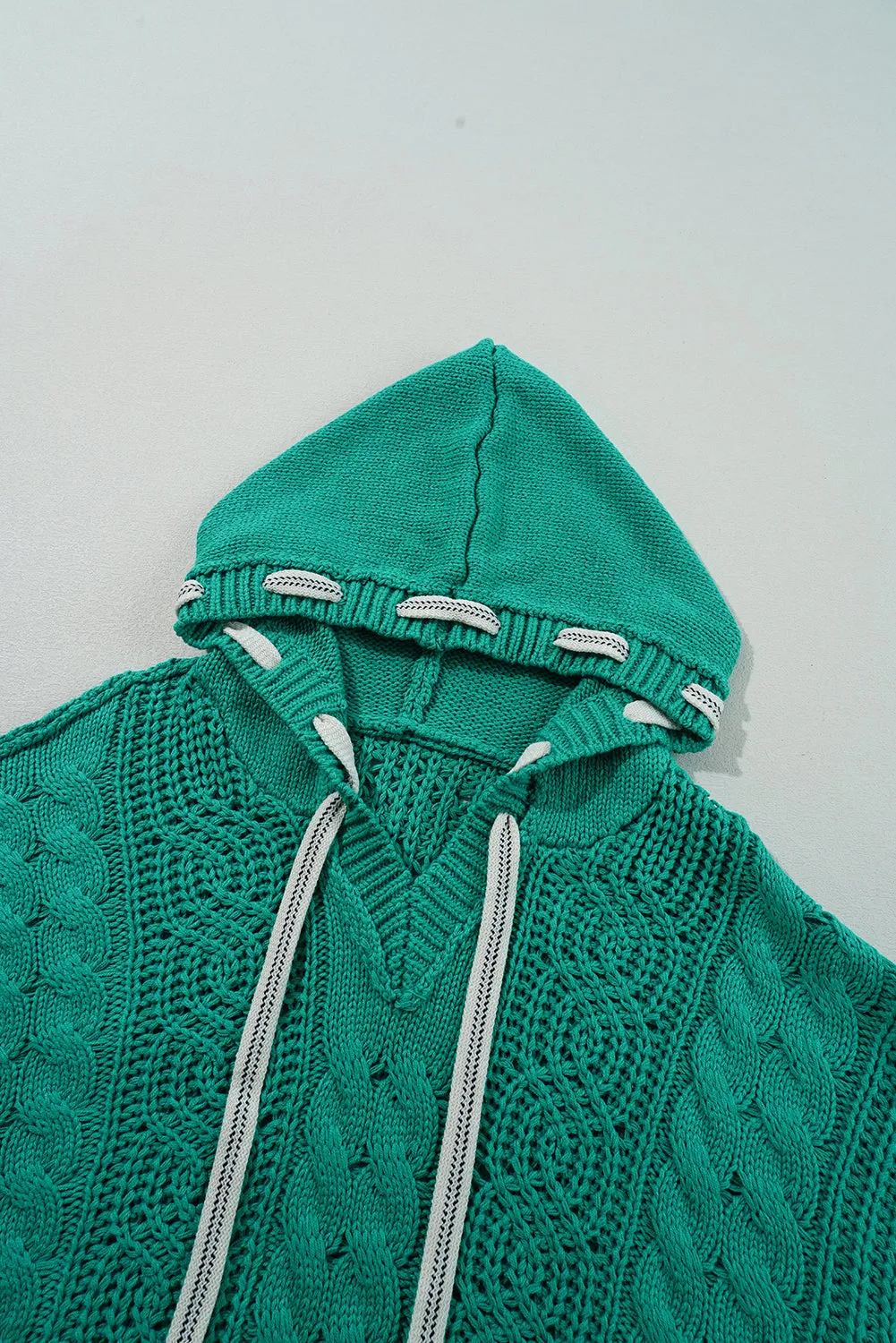 Cable Knit V Neck Contrast Drawstring Hooded Sweater