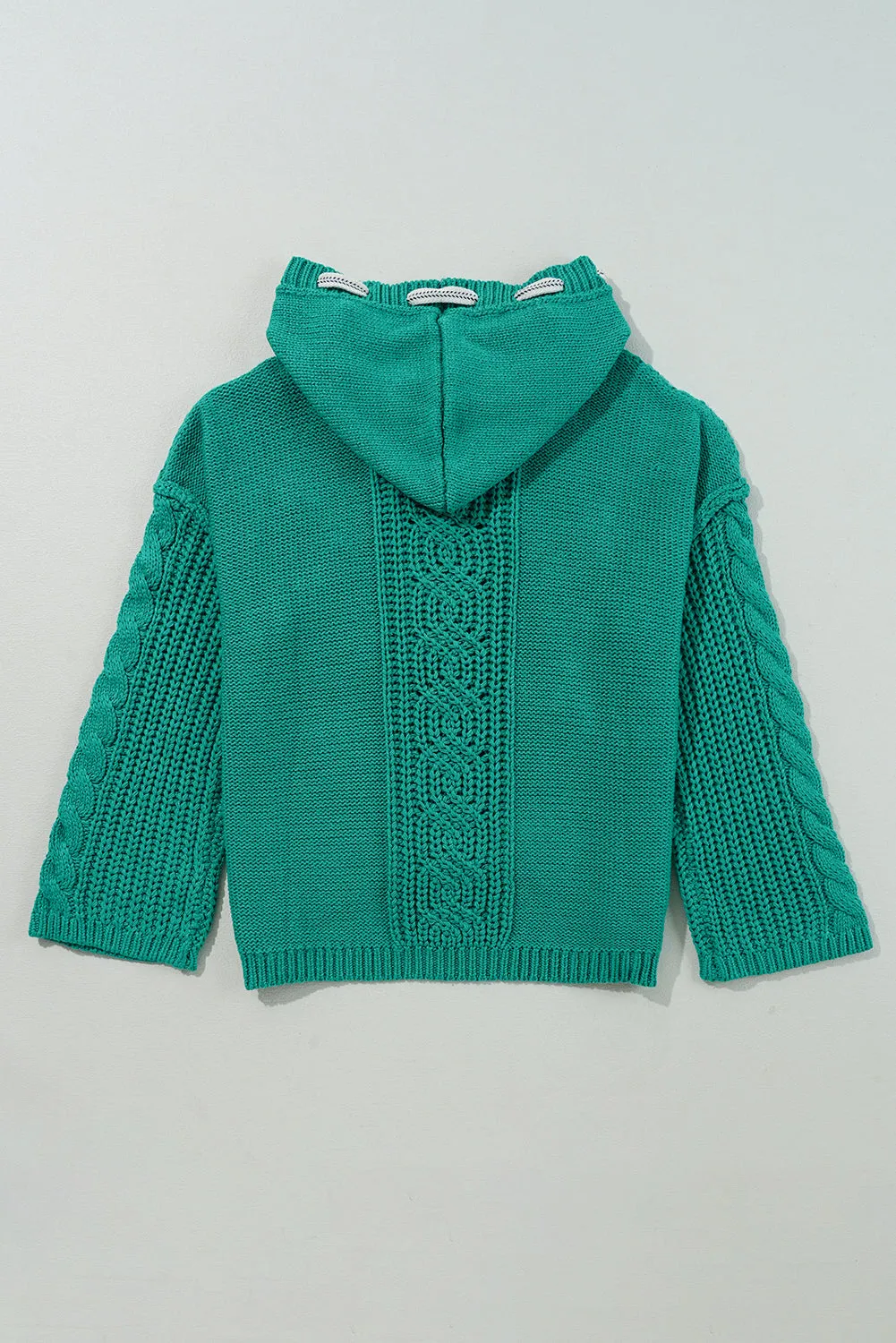 Cable Knit V Neck Contrast Drawstring Hooded Sweater