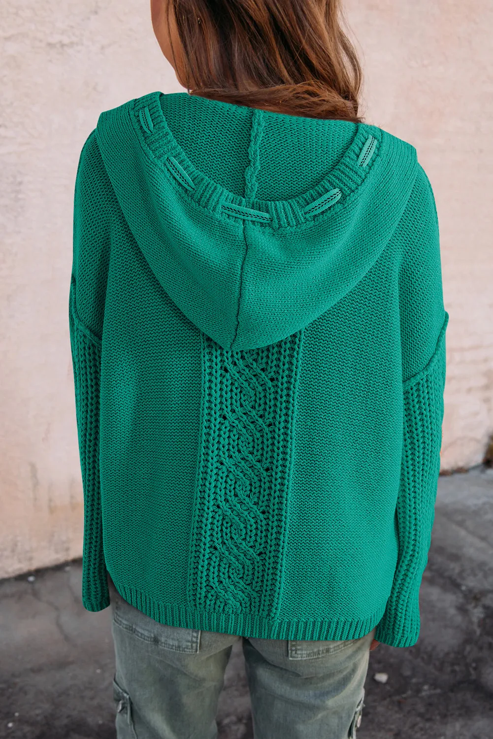 Cable Knit V Neck Contrast Drawstring Hooded Sweater