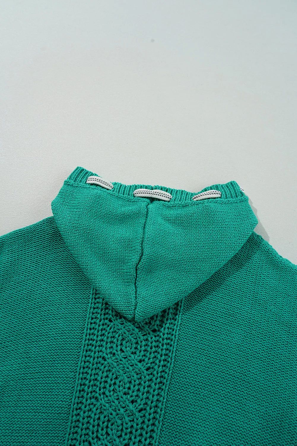 Cable Knit V Neck Contrast Drawstring Hooded Sweater