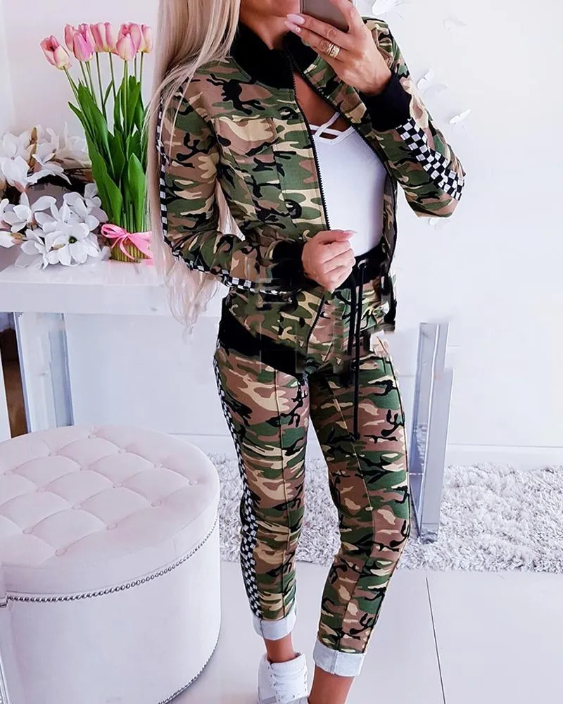 Camo Print Zip Up Bomber Jacket & Drawstring Sweatpants Set
