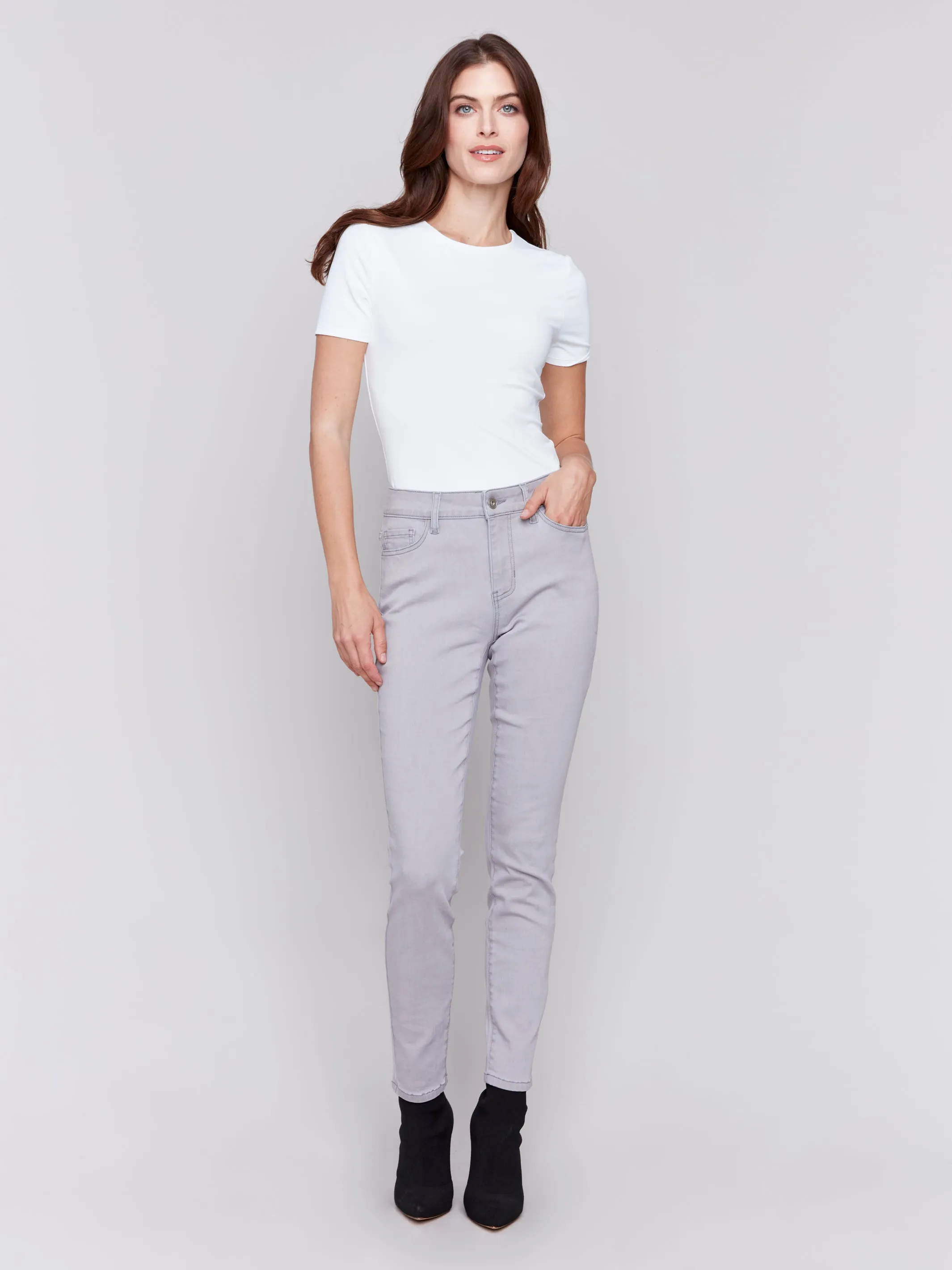 Charlie B Stretch Denim 5 Pocket Soft Skinny Leg Jean in Soft Grey