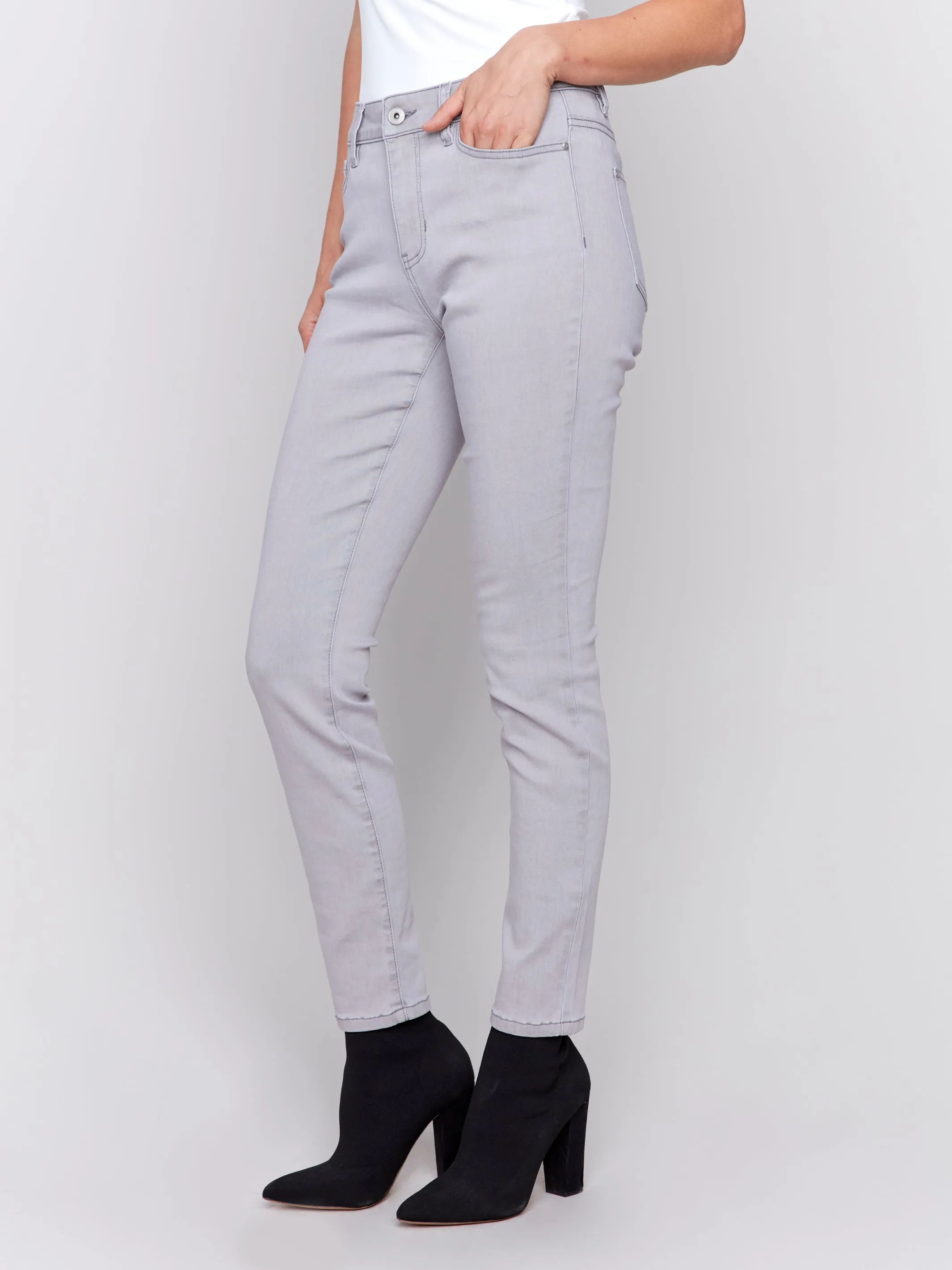 Charlie B Stretch Denim 5 Pocket Soft Skinny Leg Jean in Soft Grey