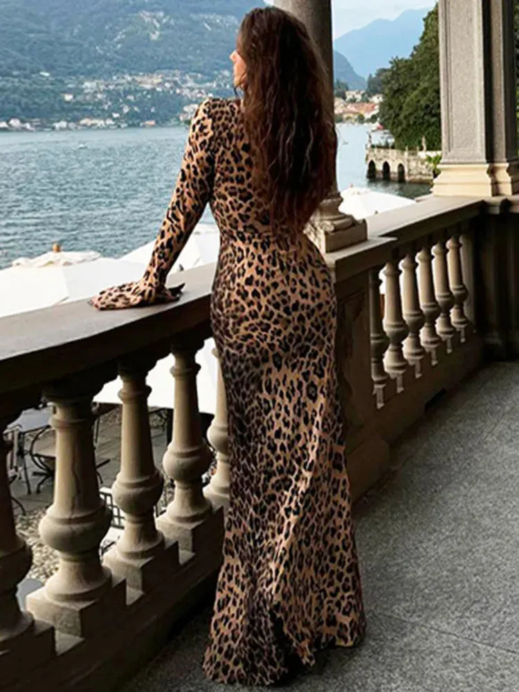 Chic Leopard Print Evening Maxi Dress with Flared Sleeves