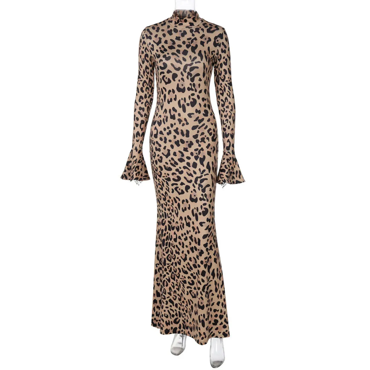 Chic Leopard Print Evening Maxi Dress with Flared Sleeves