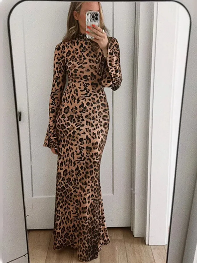 Chic Leopard Print Evening Maxi Dress with Flared Sleeves