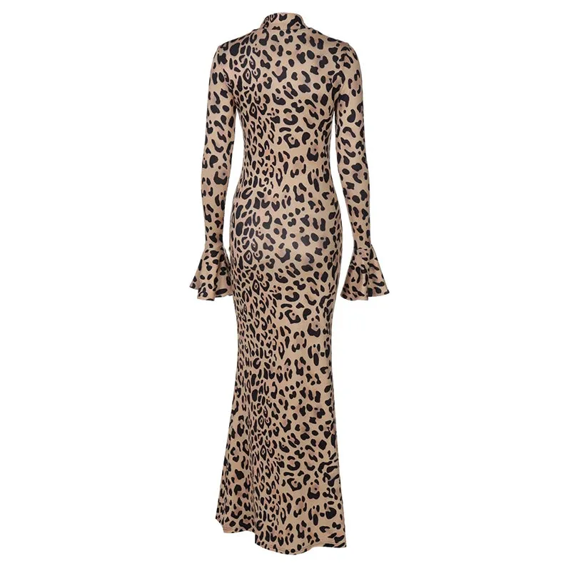 Chic Leopard Print Evening Maxi Dress with Flared Sleeves
