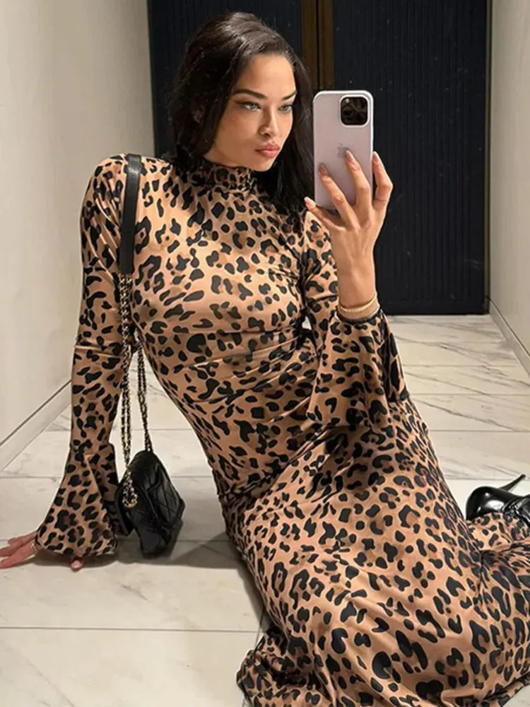 Chic Leopard Print Evening Maxi Dress with Flared Sleeves