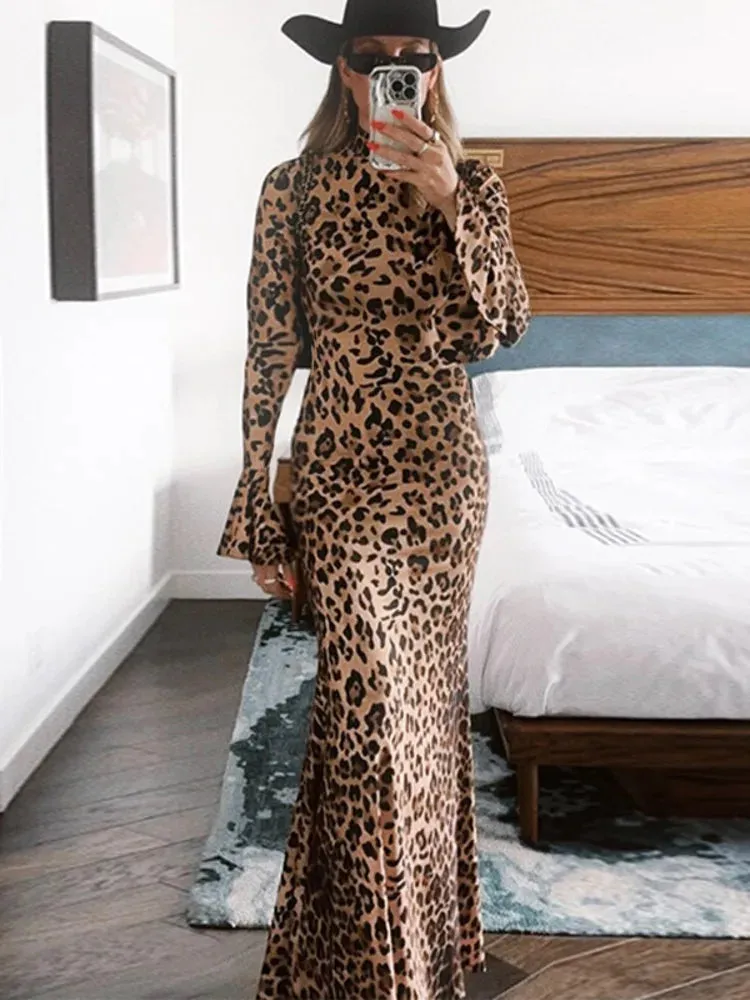Chic Leopard Print Evening Maxi Dress with Flared Sleeves