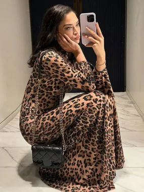 Chic Leopard Print Evening Maxi Dress with Flared Sleeves