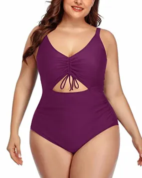Chic V-Neck Cutout Plus Size Monokini Swimsuits-Purple