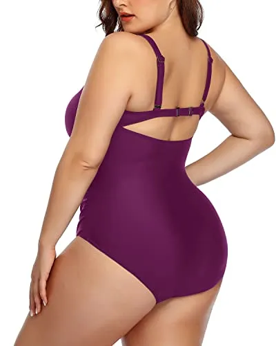 Chic V-Neck Cutout Plus Size Monokini Swimsuits-Purple
