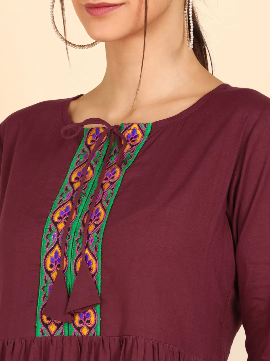 Cotton Embroidered Solid Gathered Waist Maxi Dress - Maroon