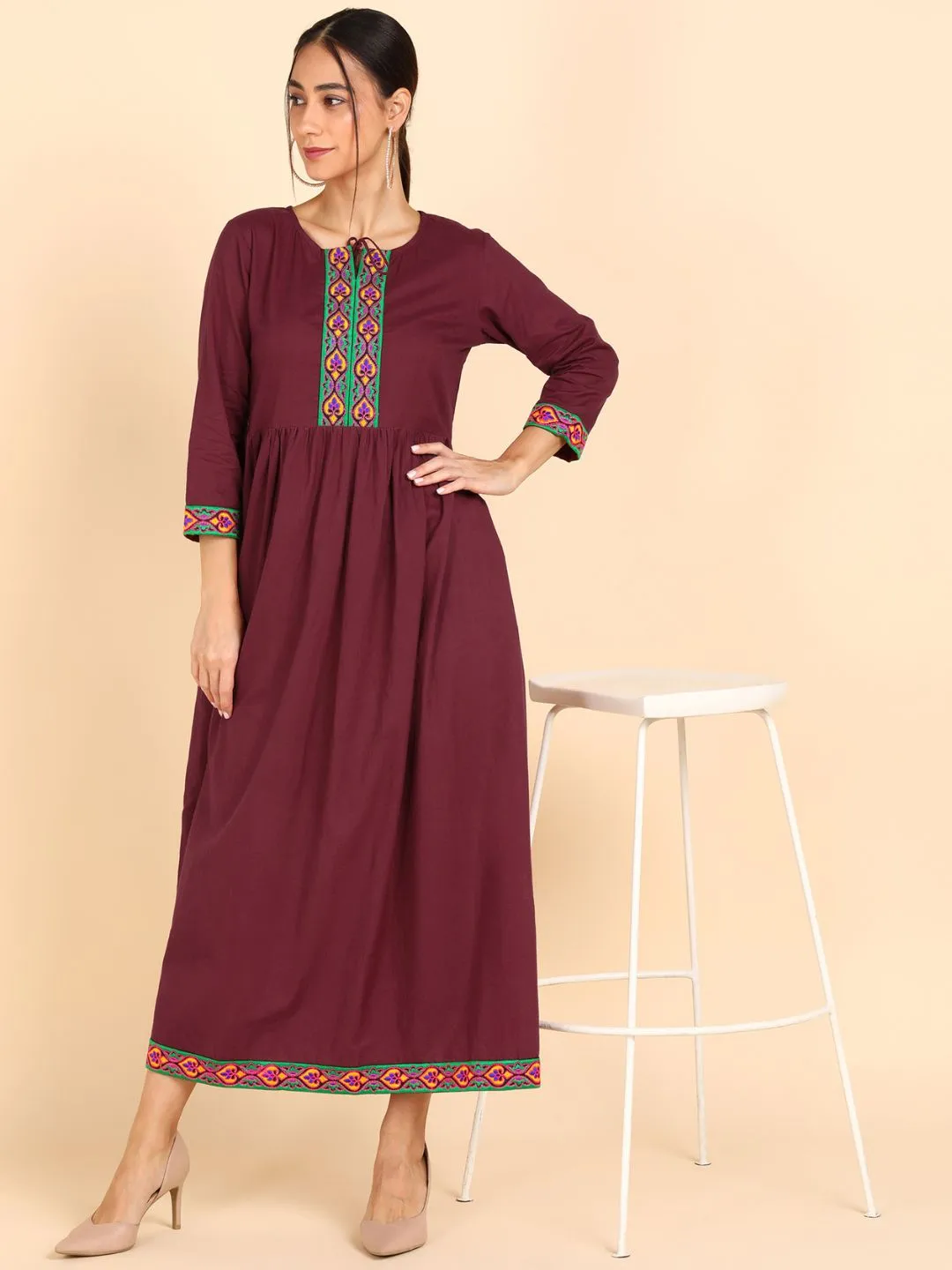 Cotton Embroidered Solid Gathered Waist Maxi Dress - Maroon