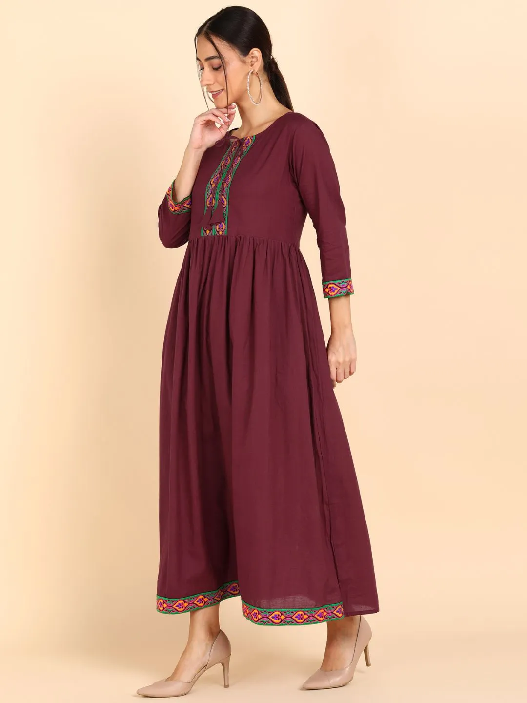 Cotton Embroidered Solid Gathered Waist Maxi Dress - Maroon