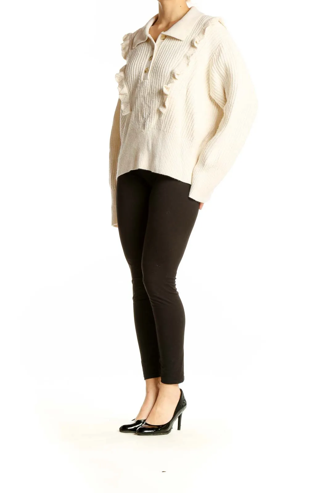 Cream Ribbed Ruffle Collar Sweater