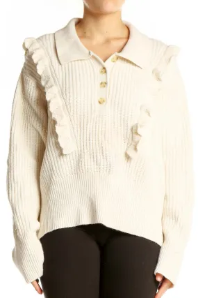 Cream Ribbed Ruffle Collar Sweater