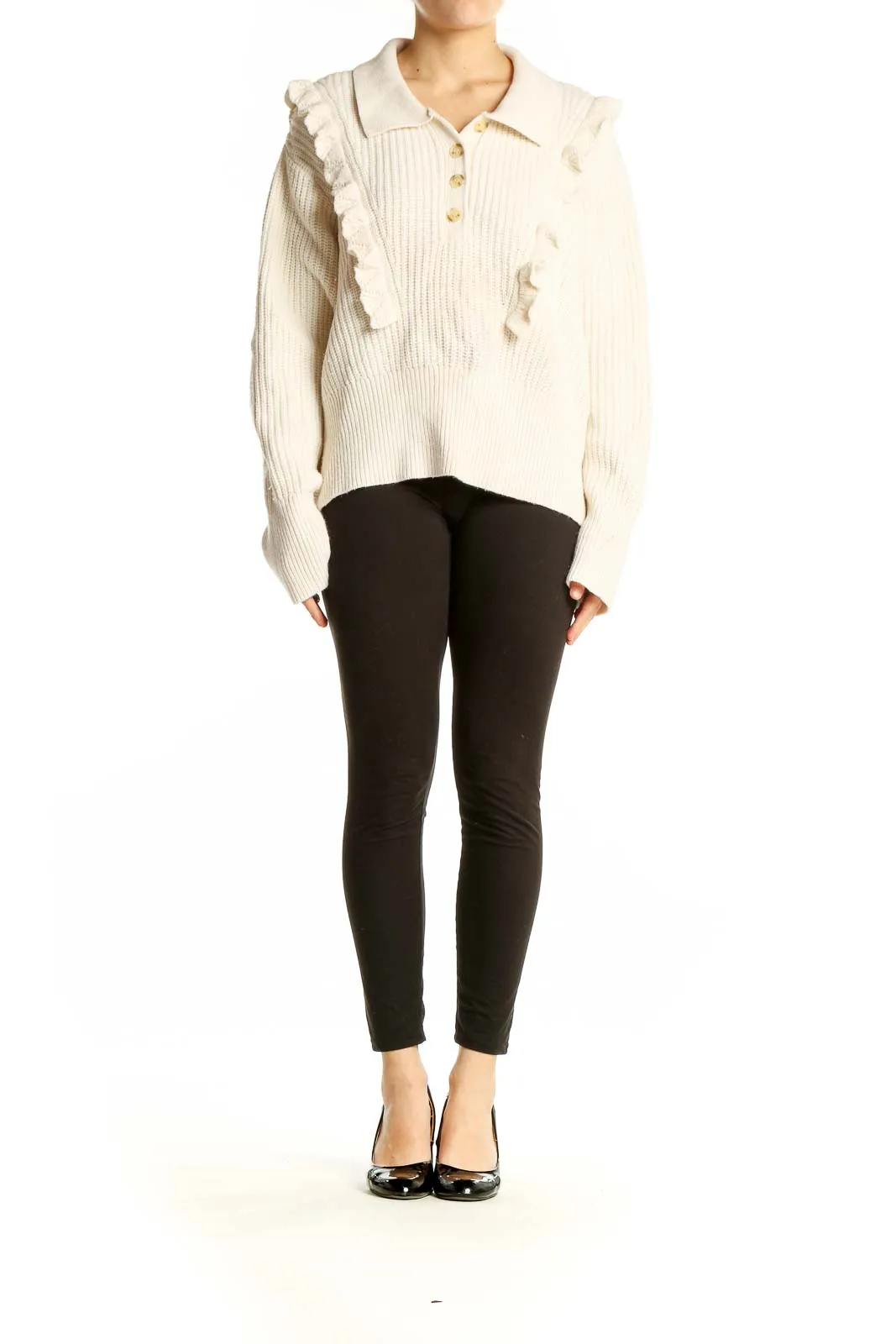 Cream Ribbed Ruffle Collar Sweater
